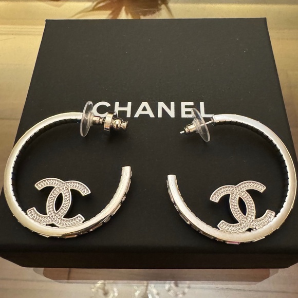 CHANEL Jewelry - Super Rare Limited Edition Classic Chanel CC Logo Crystal Hoop Earrings